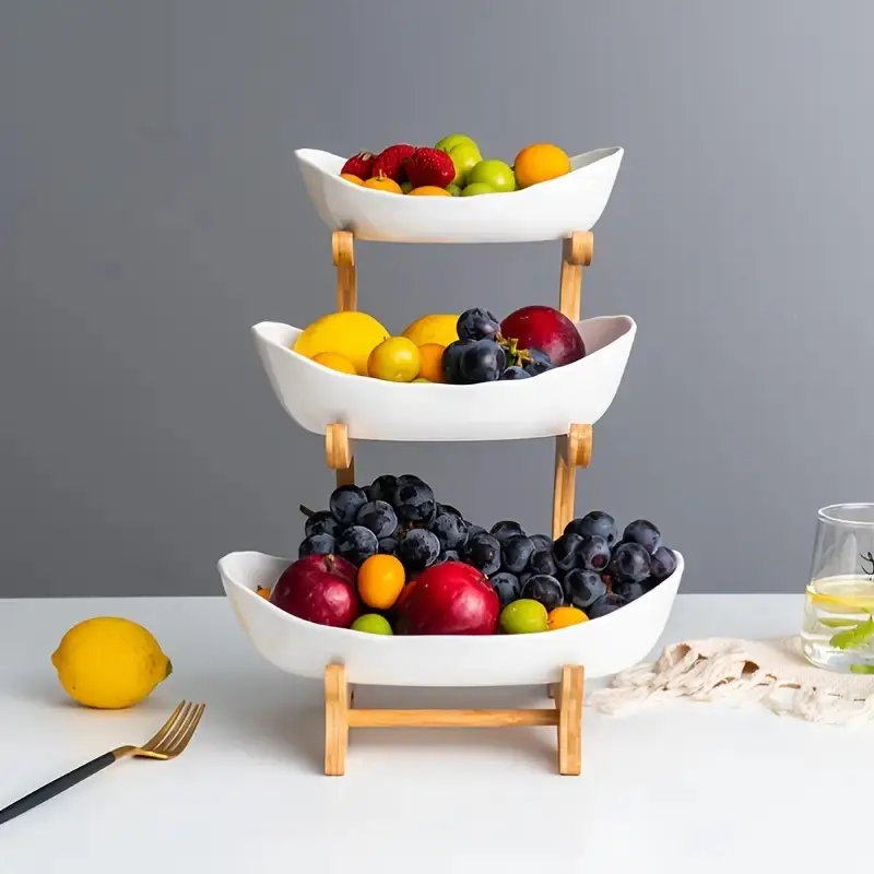 Fruit Bowl with Wooden Stand, 1 Count 3 Tier Fruit Bowl Stand, Snack Display Storage Rack, Kitchen Organizer, Kitchen & Restaurant Durable Fruit Bowl Set, Organiser