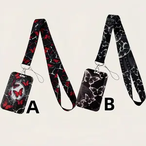 Butterfly Pattern Card Lanyard Set, Includes Hard Case, Cartoon Colorful Lanyards, Keychain, ID Holder, Name Tag Protector