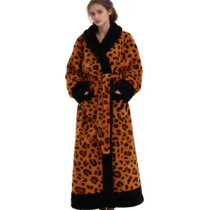 Leopard Print Bathrobe Without Hood Casual Fit Women's Loungewear Long Sleeve Nightwear for Home & Outings Bold Design Comfortable Fit Dressing Gown Womenswear Cotton