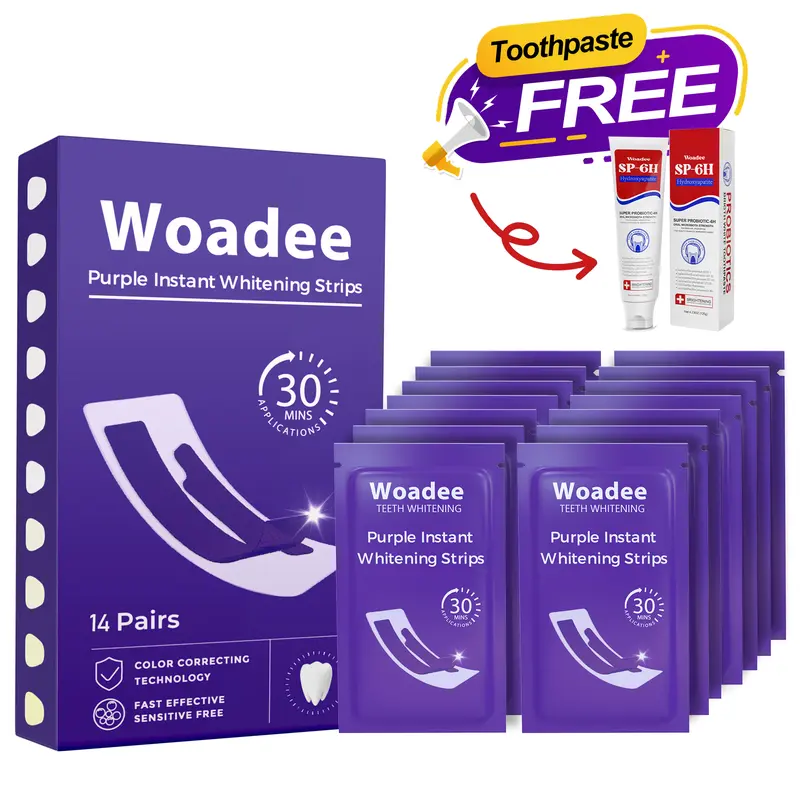 Woadee Teeth Whitening Strips Purple Colour Corrector for Brighter Teeth SP-6H Hydroxyapatite Toothpaste Free 14 Pairs