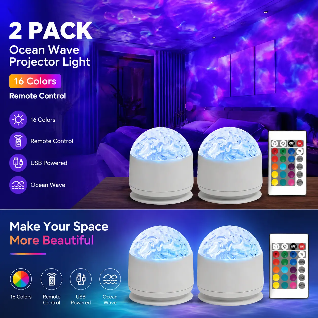 Aurora Projector Night Light, 16 Color Northern Lights & Ocean Wave Projector with Remote Control, Rechargeable Ambient Lamp for Bedroom, Gaming Room & Kids Room