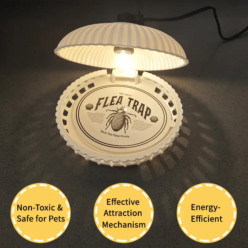 Flea Trap 2 Pack Non-Toxic with 6 Sticky Pads & Bulbs SK102 - Energy Efficient Pet Safe Indoor Insect Catcher for Fleas Mosquitoes Moths Fruit Flies Cockroach Repellent Gel Control Room Extendable Light Box Bug effective Spin 1-way door design mouse trap
