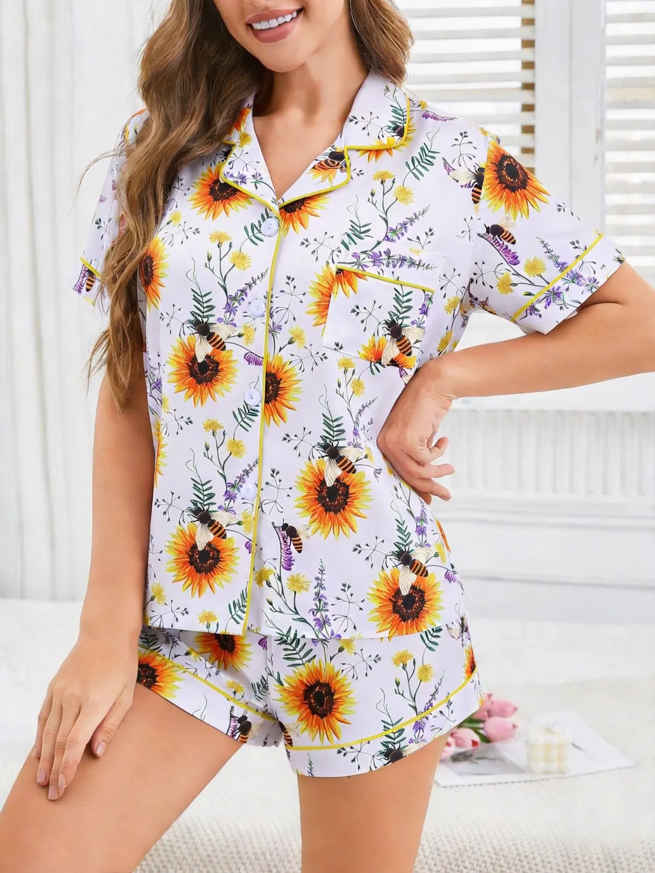 Sunflower Bee Lavender All-Over Print 2-Piece Pajama Set for Women, Fresh Garden Style Lapel Short Sleeve Top with Pocket & Elastic Waist Shorts, Soft Comfortable All-Season Casual Daily Loungewear Sleepwear