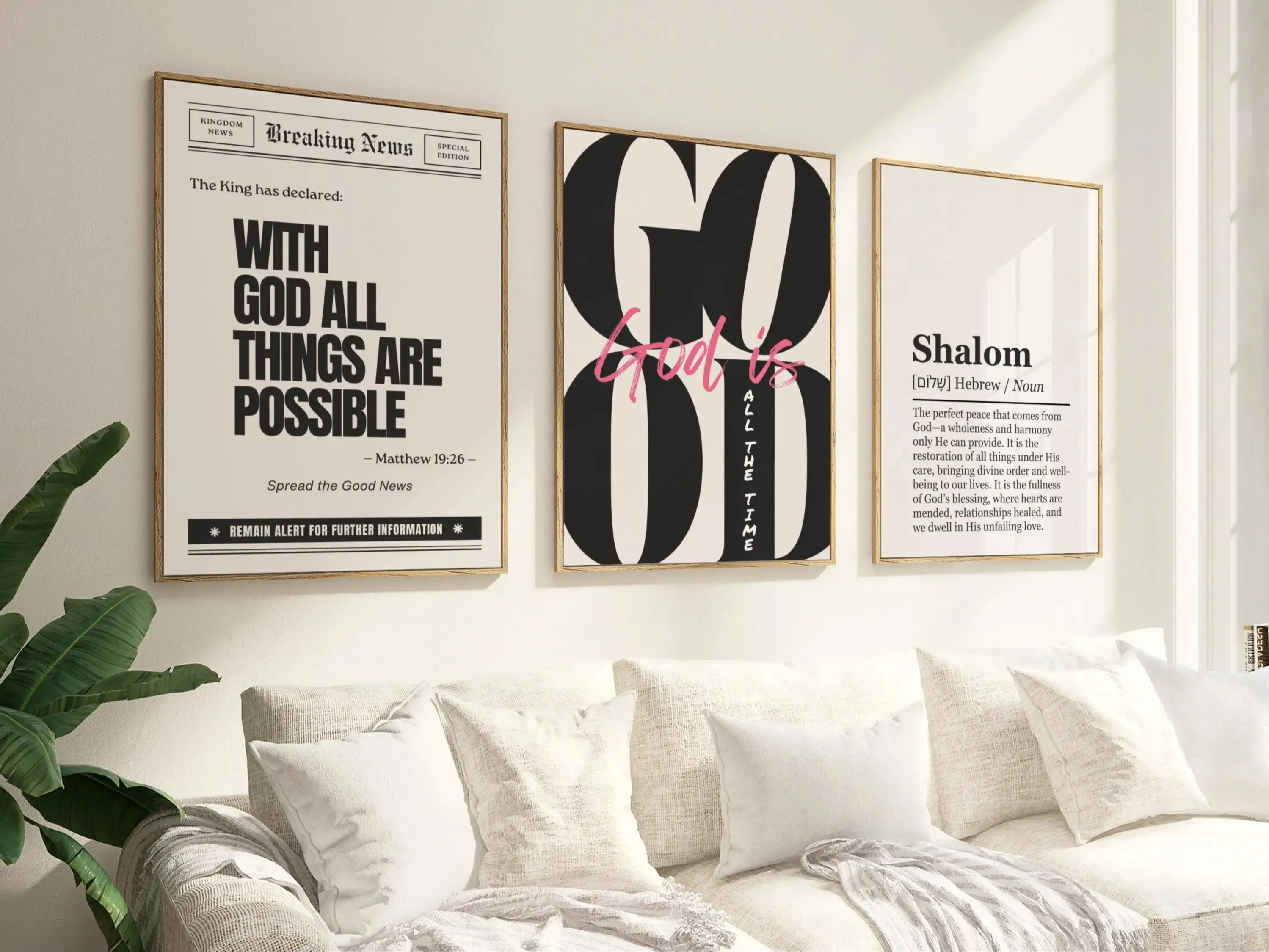 Set of 3 Aesthetic Trendy Christian Poster Unframed God is Good All The Time Print With God all Things Are Possible Shalom Word Definition Wall Art