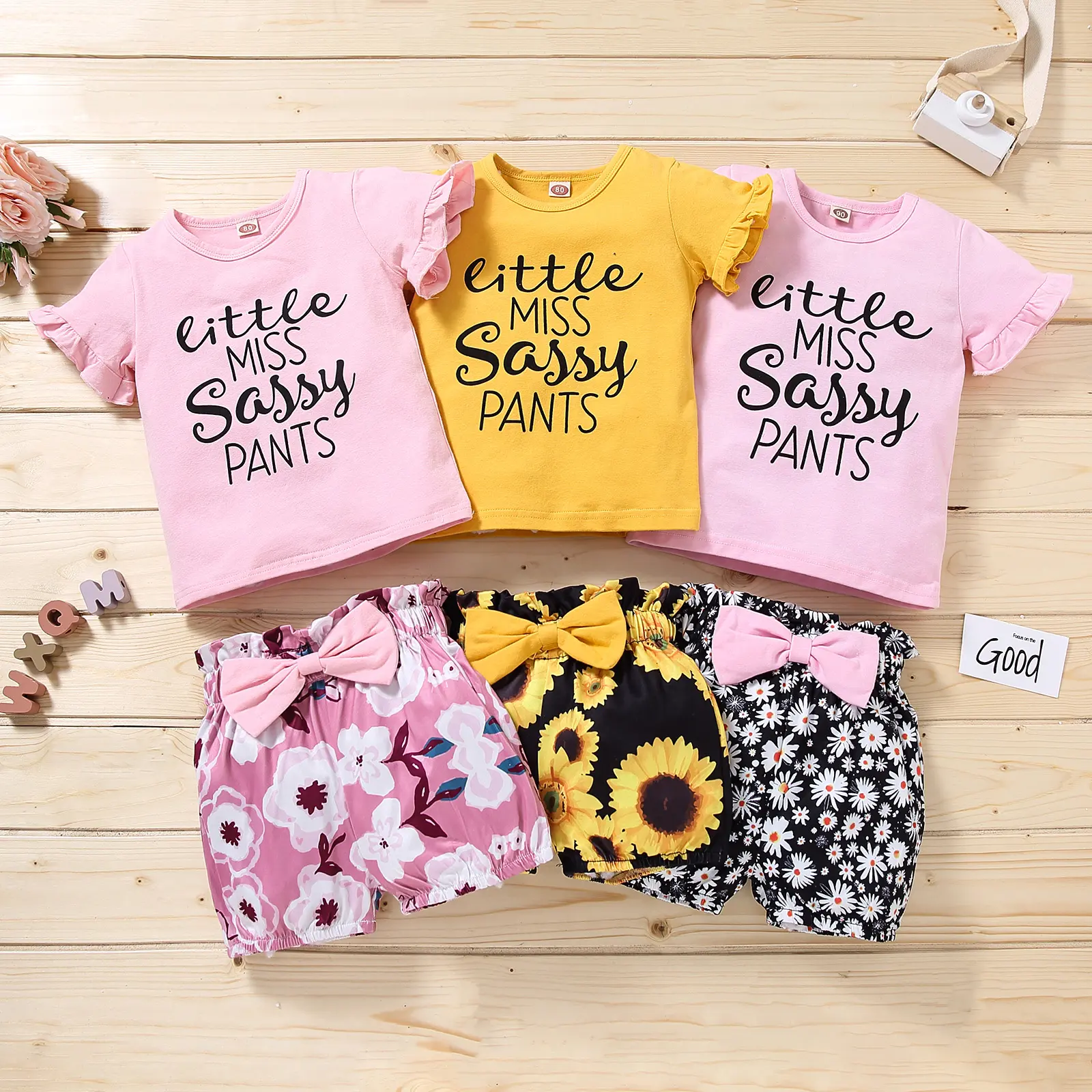 Toddler Baby Girl Summer Outfit Letter Printed Ruffle Short Sleeve Shirt Top and High Waist Bowknot Decoration Floral Shorts 2Pcs Cute Girl Set 1-5T