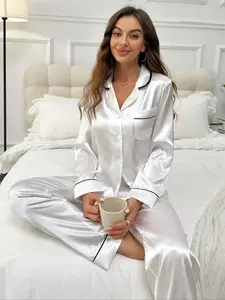 Women's Elegant Long Sleeve Pajama Set, Fitted Sleepwear Suit, Plain Color Lapel Design, Home Wear for All Seasons