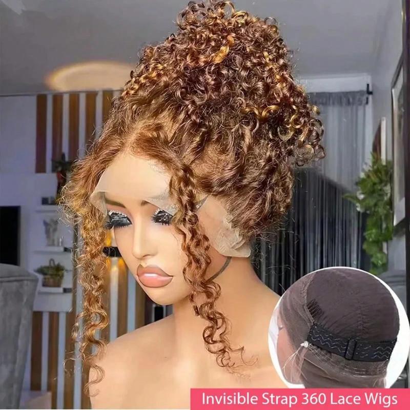 30 36 Inch Highlight 360 Deep Wave Wig Hidden Invisible Strap 360 Full Lace Front Wigs Human Hair 180% Density Ombre Honey Blonde Drawstring Wig Human Hair For Women Pre Plucked Colored 4/27 Glueless Curly Wig Human Hair