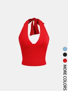 1 Piece Halter Neck Tie-back Deep V-neck Crop Top, Summer Casual Outfit