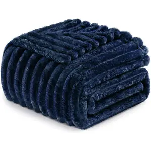 Exclusivo Mezcla Fleece Throw Blanket for Couch, Super Soft Striped Jacquard Bed Blanket, Lightweight Fuzzy Cozy for All Seasons, 50x60 Inches, Navy Blue