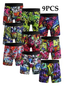Men's 9pcs Graphic Print Boxer Briefs - Shorts, Breathable, Comfy, Quick Drying, Breathable and Comfortable Design for Beach and Pool Use