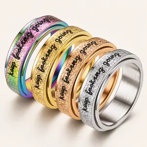 "Keep Going" Rotating Spinner Ring, Stainless Steel Fidget Ring for Women Men, Inspirational Jewelry Gift