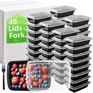 38oz Meal Prep Containers Bulk 48 Set with Forks and  - 1 Compartment  Containers Leakproof Snack Container   Storage Containers, Freezer Safe Plastic Lunch Take Out Box