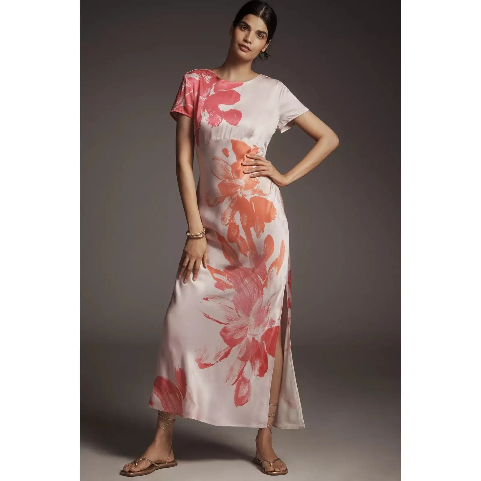 Anthropologie Short-Sleeve Maxi Slip Dress $168 Small Pink Floral Boho