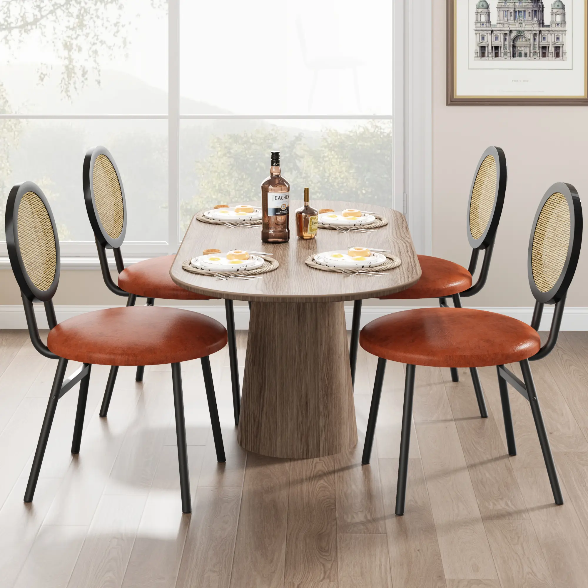 🪑 Modern Dining Chair Set – Upholstered Thick Padded Seat & Natural Rattan Backrest – Sturdy Metal Legs – Space-Saving for Dining Room, Living Room or Bedroom! ✨