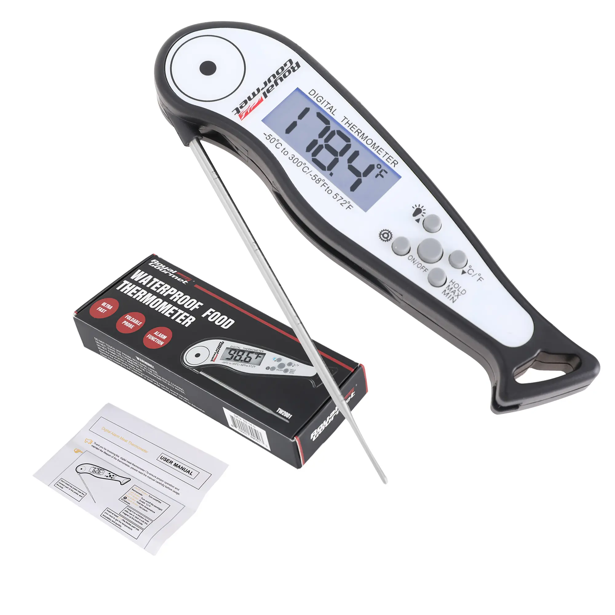 Royal Gourmet TW2001 Digital Meat Thermometer, Ultra-Fast Waterproof Food Thermometer with Foldable Probe, Temperature Alarm, Hold & Calibration Functions for BBQ, Cooking, Frying & Candy Making