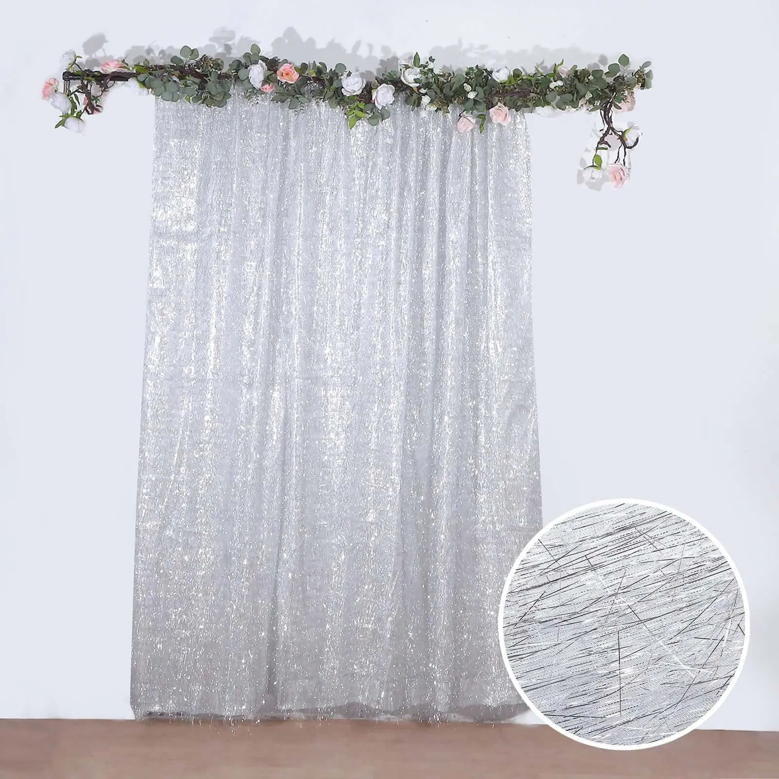 Silver Metallic Fringe Shag Photo Backdrop Drape Curtain, Shimmery Tinsel Polyester Event Divider Panel 8ft