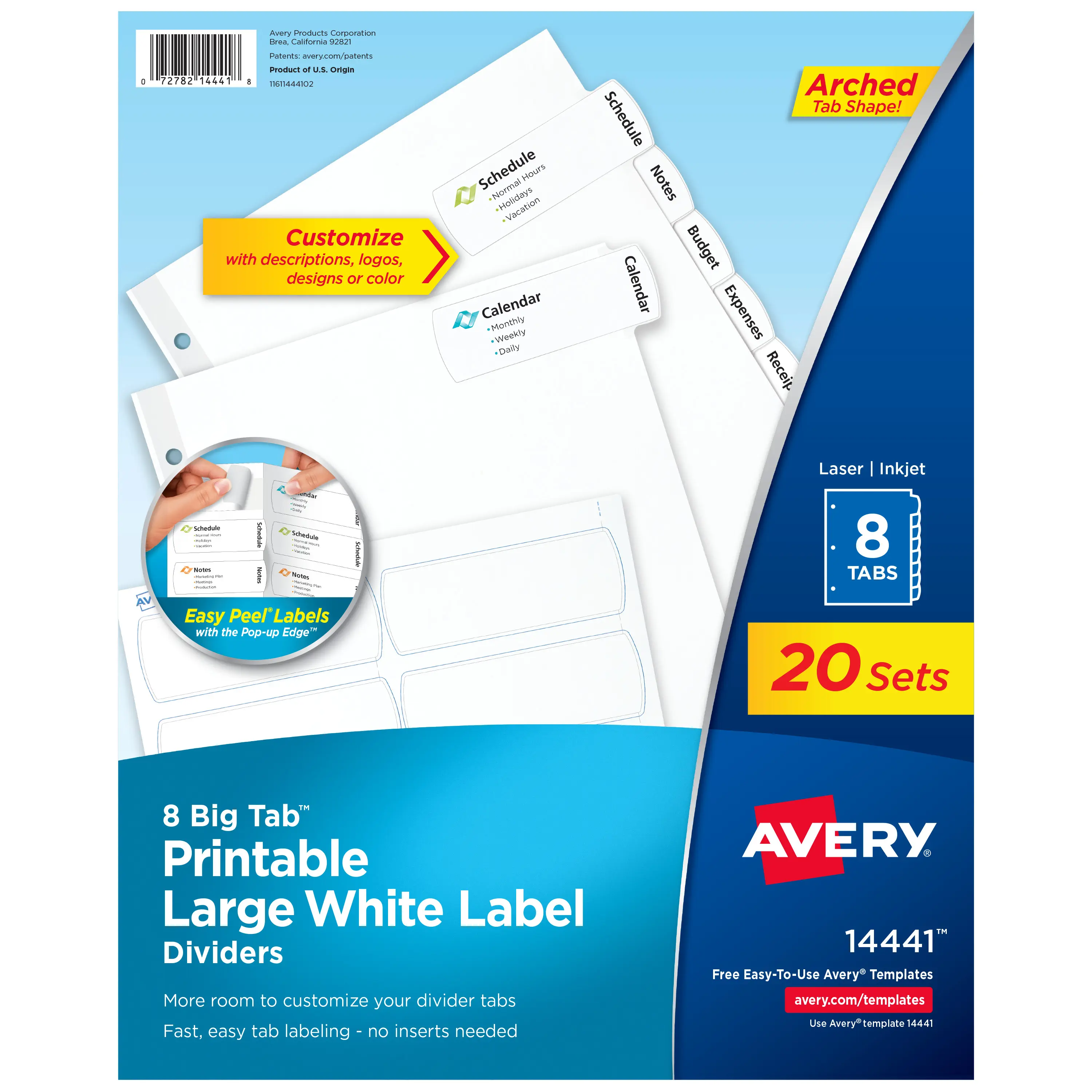 Avery Big Tab Printable Large White Label Dividers for 3 Ring Binders, 8 Tabs per Set, White (20 Sets of 14441)
