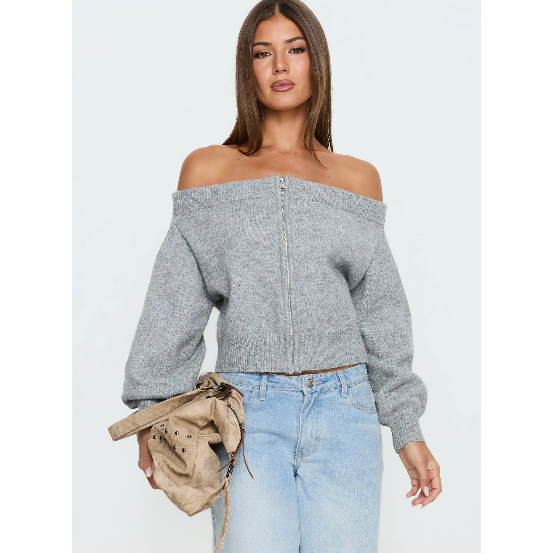 Ortensa Off Shoulder Zip Through Jumper Grey Marle