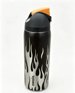 Owala FreeSip Insulated Stainless Steel Flask & Water Bottle with Straw, 32oz Black Flame Edition BPA-Free Portable Tumbler, Coffee Cup Fits Car Cup Holder, for Sports & Travel, Plaid Skull Stranger Things Design, Flasks