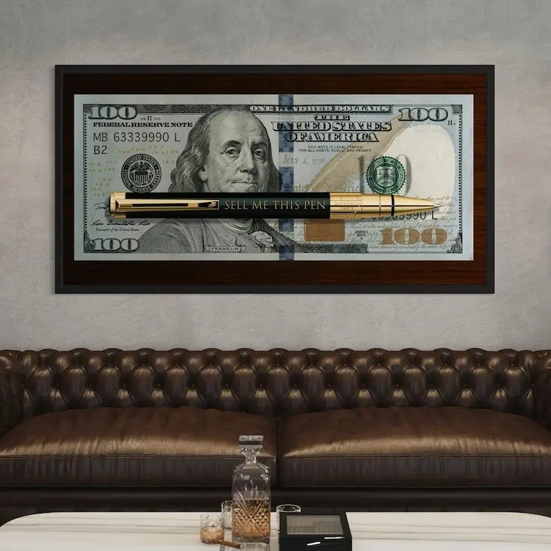 Sell Me This Pen Poster Art, Dollar Bill, Motivational Office Decor