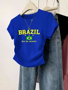 Brazil Letter Printed Women's  Short Sleeve Ruched  T-shirt Casual Lightweight Round Neck  Daily Commuter Basic Casual T-shirt Tops，TikTok Trending T-shirt Women ，Outfit Murah T-shirt Wanit,Comfortable Fabric