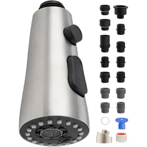 Stainless Faucet  Replacement with 15 Adapters Compatible with Moen/Delta/Kohler Pull Down Kitchen Faucet, 3 Water Modes Kitchen Sink Faucet Sprayer , Brushed Nickel Finish