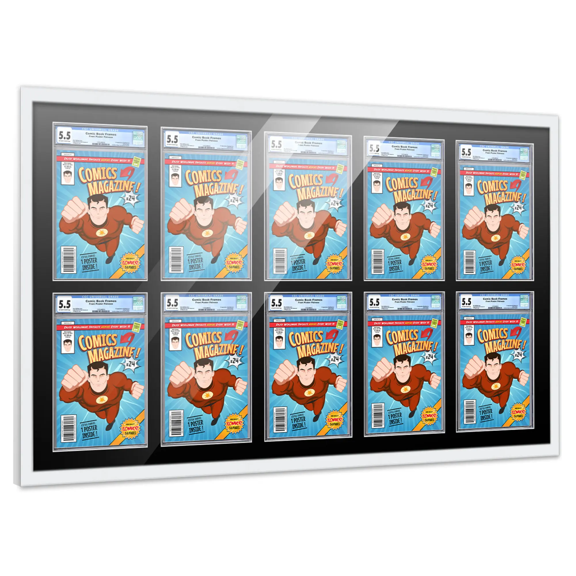 Comic Book Frame with Mat for 10 Graded Comics - White Wood Comic Frame With Black Mat for 8.125x13 Comics - 44x28.25 Frame Size