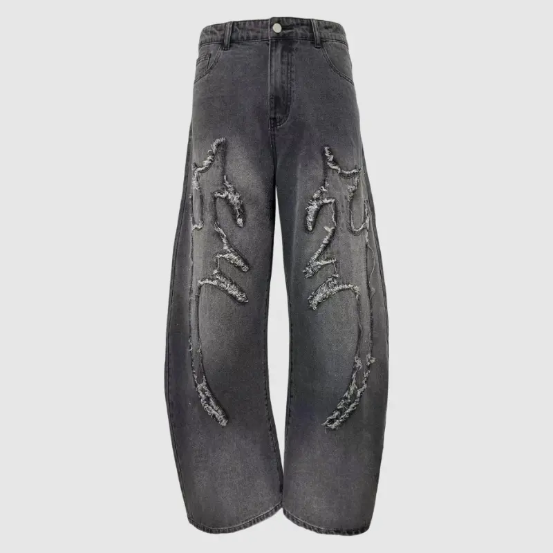 Men's High Cotton Y2K Distressed Flame Wide Leg Jeans, Retro Washed Black Denim Pants with Frayed Fire Applique & Baggy Fit, Grunge Streetwear Casual Trousers for Men