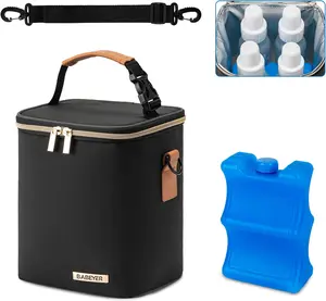 BABEYER Breast Milk Cooler Bag with Ice Pack Fits 4 Baby Bottles Up to 9 Ounce, Baby Bottle Bag with Shoulder Strap for Nursing Mom Daycare, Black