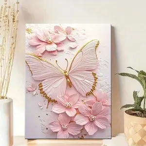 1PC 2D Flat Print Pink & Gold Butterfly Floral Canvas Wall Art - Framed, Gallery Wrapped, Ready To Hang Art Print, Suitable for Living Room, Bedroom, Office Decor, Ideal as a Mother’s Day Gift for Mom & Floral Art Lovers bedroom wall decor