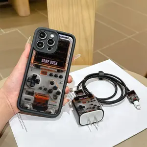 6 Piece Bamboo Futuristic Game Controller Design Phone Case Set, Charger Head Wrap, Cable Protectors, Data Line Storage for iPhone 11 to 16 Models, Perfect Gift for Family and Girlfriend