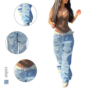 Light Blue High Waisted Distressed Baggy Jeans for Women - Heavy Ripped Wide-Leg Denim Pants with Streetwear Vibe