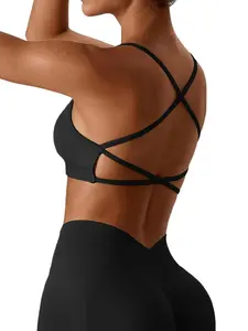 Women's Solid Criss Cross Backless Sports Bra, Breathable Comfortable Removable Chest Pads Sports Bra, Strappy Workout Bra, Ladies Sportswear for Indoor Outdoor Wear, Gym Clothes