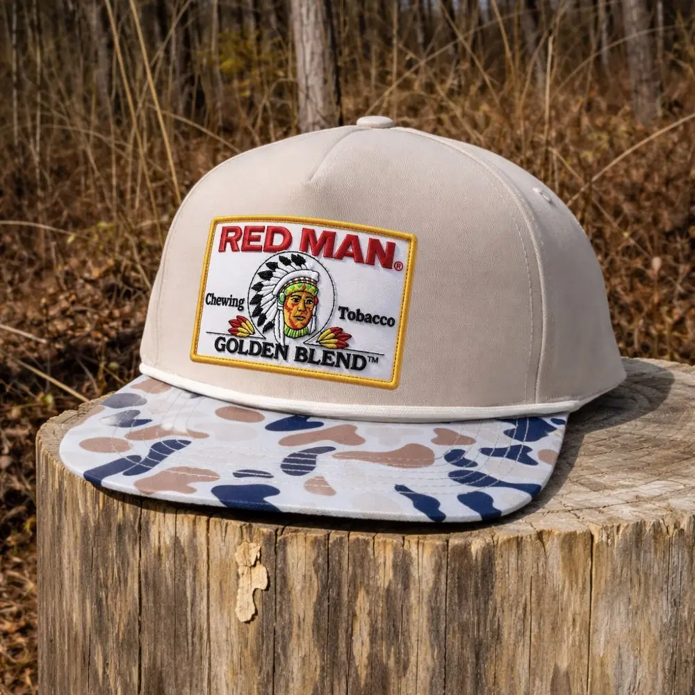Red Man Chewing Toobacco Embroidered Patch Trucker Hat - Summer Drinking Cap Tan Camo Snapback Hat for Hunting and Partying Vintage Golden Blend