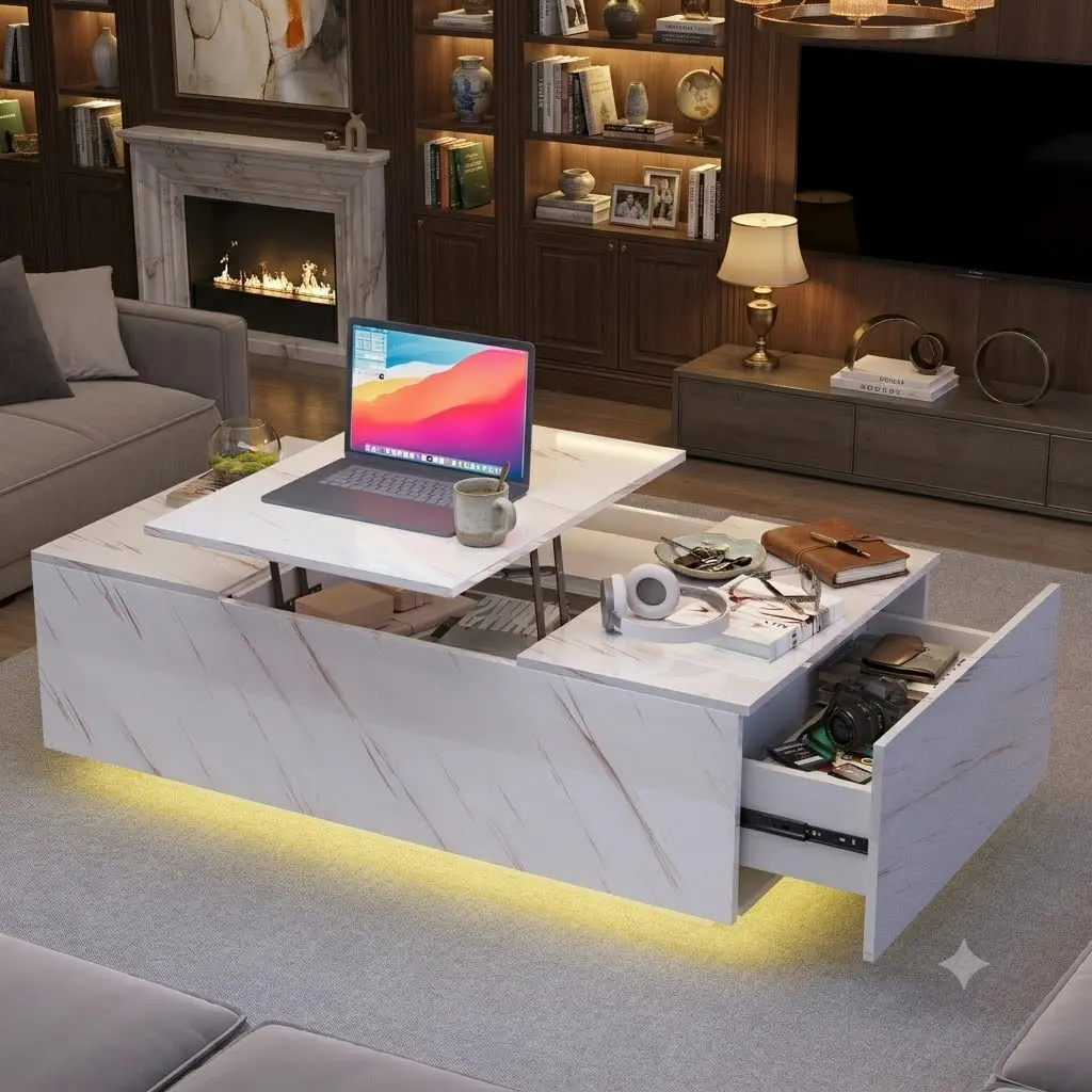 SAVEYOUR Modern White Marble Lift-Top Coffee Table - Storage Compartment, LED Lights, Wireless Charging Station, Bluetooth Speaker, Adjustable Desk for Living Room Apartment Movie Nights Gaming Sessions Durable Tools Equipment