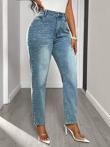 Women's High-Waisted Straight Leg Jeans Pants, Pearl Embellished Pocket Design, Casual Fit Fashion for All Seasons, Versatile and Stylish Womenswear
