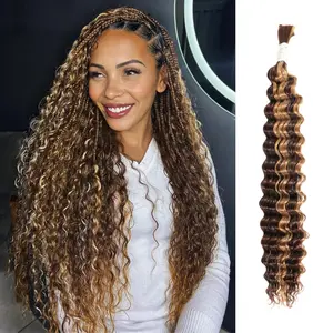 ALHER Ombre Braiding Hair 26in Deep Wave Bulk 50g, 12A Brazilian Virgin Honey Blonde Highlight Water Curly No Weft Bundles P4/27 Human Braiding Hair For Boho Micro Braids(50g,100g,Optional)