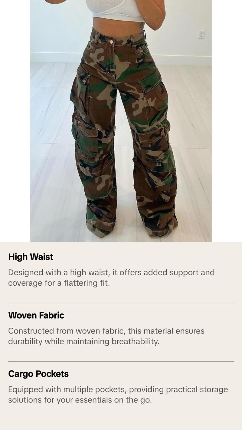 Army Camouflage Cargo Pants for Women with Pockets, High Waist and Woven Fabric - Cotton