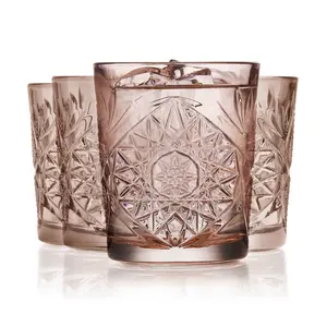 Libbey Hobstar Double Old Fashioned Glasses,Rose Colored Cut Glass Drinking Glasses Set of 4, Durable, Vintage Whiskey Glasses for Cocktail, Drinks