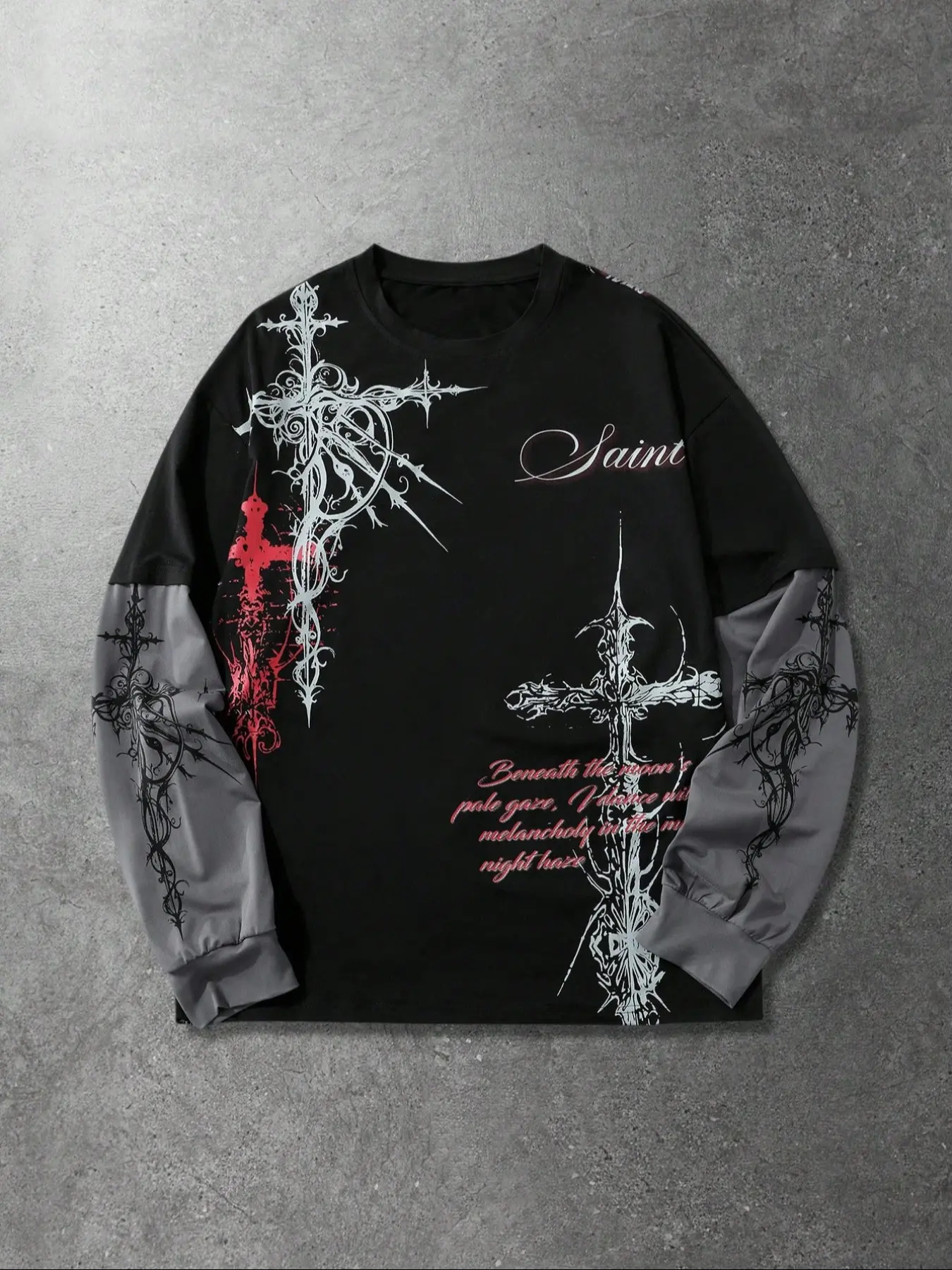 Gothic Style Streetwear Men's Long Sleeve Mock Two-Piece Black T