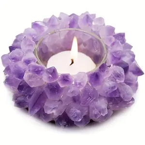 Handmade Natural Amethyst Cluster Tea Wax Holder Raw Amethyst Bud Candle Holder for Home Decoration Crystal Ornament Rustic Aesthetic Healing Crystal Jewelry