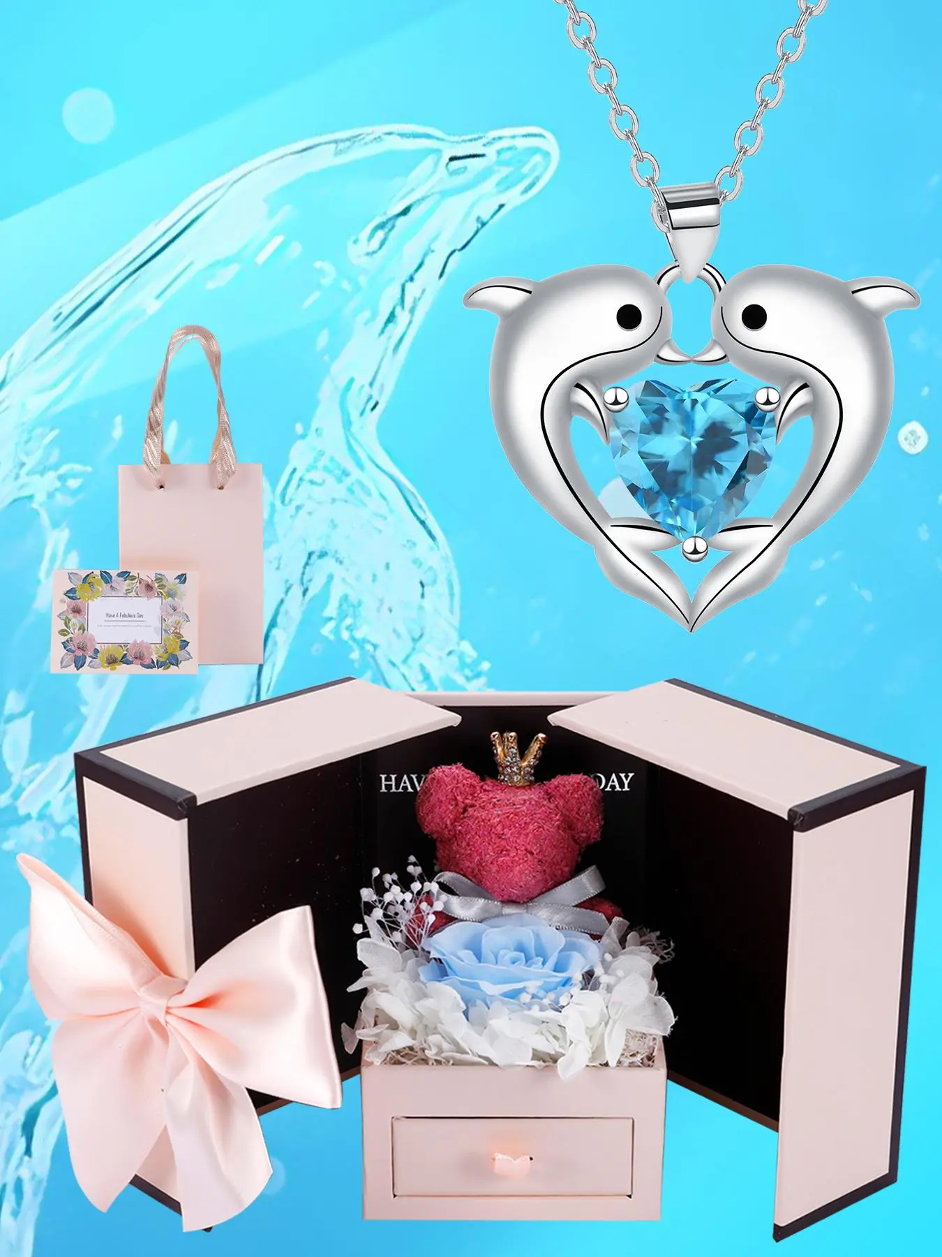 Jewelry Gift Box, Including Dolphin Heart Pendant Necklace & Gift Bag & Greeting Card & Ribbon, Birthday Jewelry Gifts for Mom Wife Girlfriend