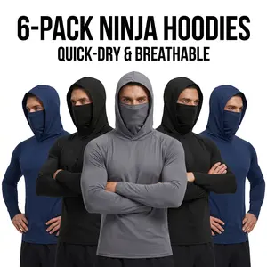 6-piece set men's outdoor work sun protection clothing with sun-blocking hoodie, featuring built-in face mask and neck guard, breathable long-sleeve hoodie