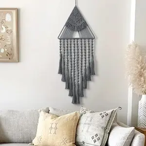 Dream Catcher  Macrame Woven Wall Hanging Triangle Tassel Geometric Art Boho Backdrop Bohemian Home Decor Wall Art Beautiful Apartment Dorm Room Door Decoration(Grey) Cotton Metal Ornaments Hangable