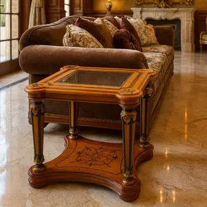 Elegant Traditional End Table with Intricate Inlay & Gold Accents