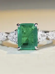 Pure Silver Ring with Emerald Cotton Wood Color Zirconia High Carbon Diamond, Women's Handcrafted Gemstone Jewelry