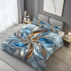 3-Piece Silver Blue Floral Bedding Set, Metallic Flower Pattern, Futuristic Aesthetic, High-Definition Bed Sheets, Home Bedroom Decor
