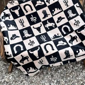 Howdy Checkered Blanket with Western Icons - Checkered Patterned Throw for Home Decor