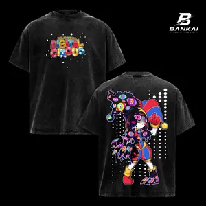 The Amazing Digital Circus Vintage Washed Graphic Tee, Glitchcore Cartoon Oversized Heavyweight T Shirt, Dark Circus Aesthetic Streetwear, Acid Wash Black Cotton Double Sided Print, Retro Y2K Grunge Unisex Apparel Gift for Digital Circus Fans
