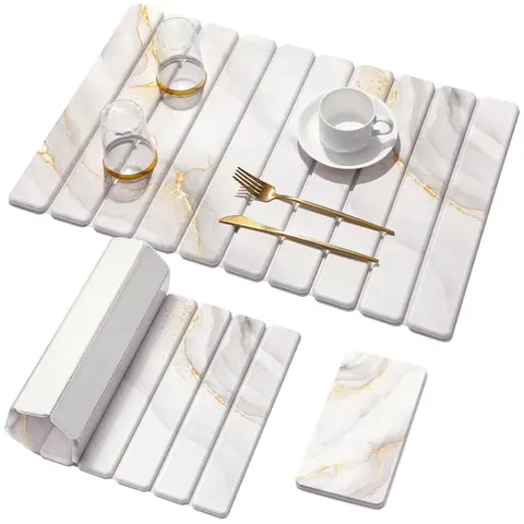 2-Piece Food-Grade Rectangular Diatomite Dish Drying Mats Set, 24×16in & 8×4in Elegant Marble Pads, 30s Fast Dry Absorbent Mats for Kitchen Countertop Tableware, Hand Wash Home Kitchenware